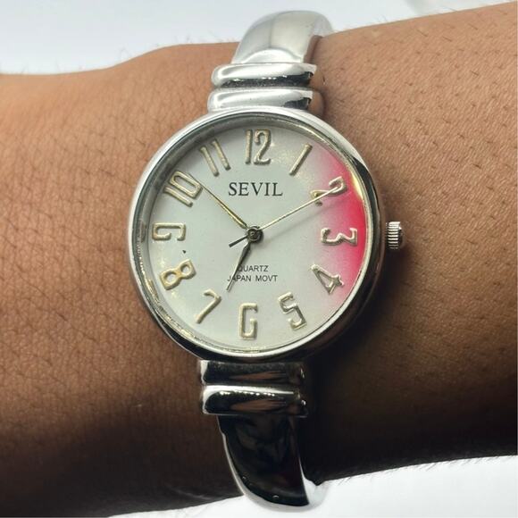 Silver & Pink Sevil Cuff Watch - Picture 1 of 3